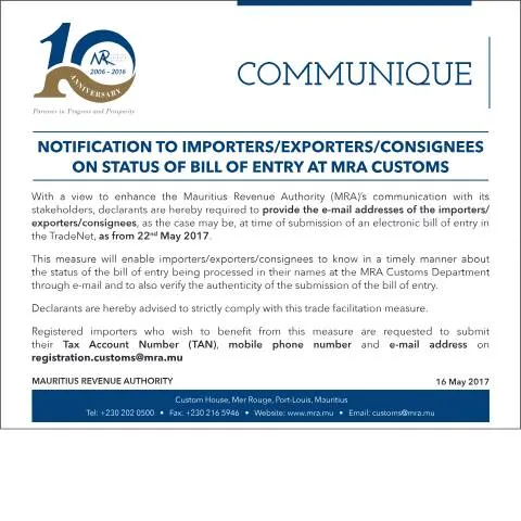 Document preview: Notification on Bill of Entry Status Updates by MRA — Government & admin (CommuniqueNoticeImporters)