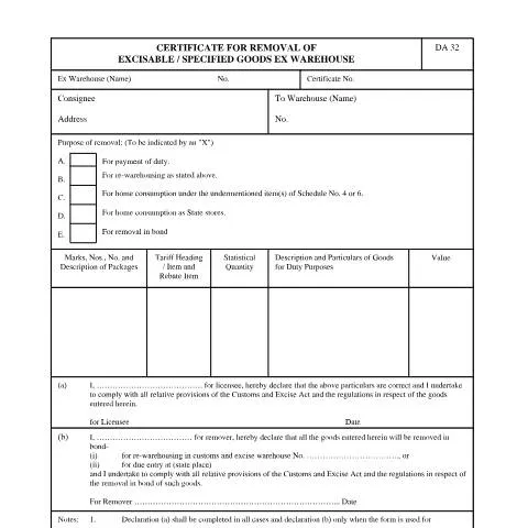 Document preview: Understanding the DA 32 Certificate for Excisable Goods — Government & admin (CERFA n°DA 32)