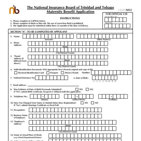 Document preview: Mastering the NI12 Form for Maternity Benefits in Trinidad and Tobago — Government & admin (CERFA n°NI12)