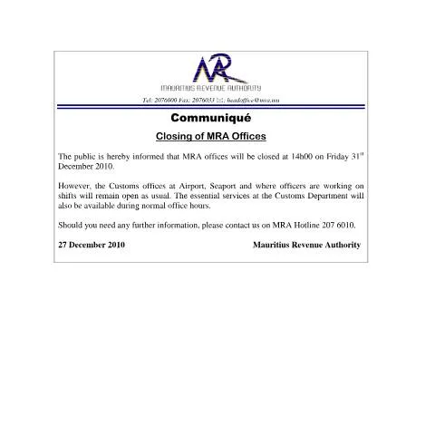 Document preview: Mauritius Revenue Authority Office Closure Schedule — Government & admin (CERFA n°CommuniqueClosingMRAoffice31122010)