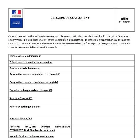 Aperçu du document Formulaire 16119*01 : classement administratif des armes — Démarches administratives (CERFA n°16119*01)