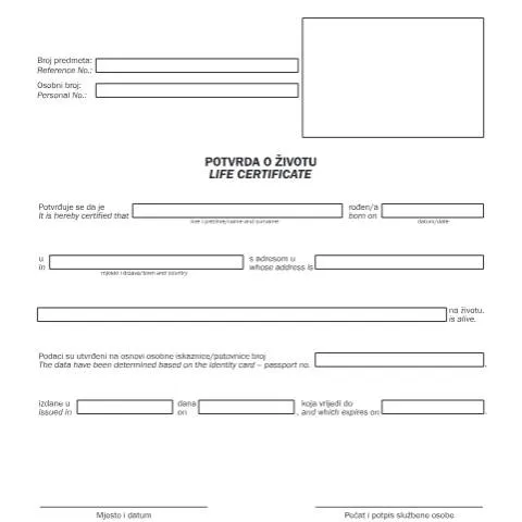 Document preview: Tiskanica br 4 2 1: Potvrda o životu za inozemne korisnike — Mirovina i penzija (CERFA n°Tiskanica_br_4_2_1)