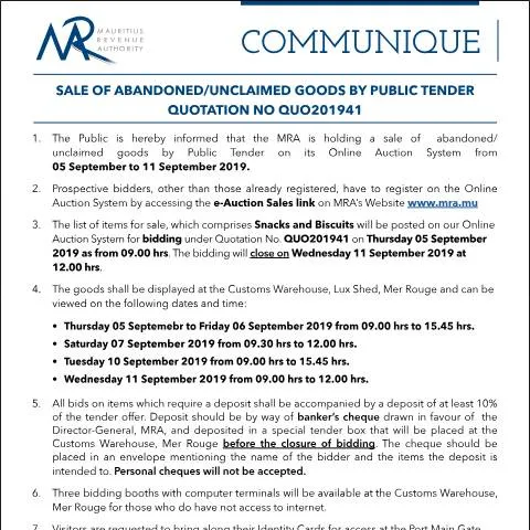 Document preview: Understanding the Sale of Unclaimed Goods in Mauritius — Government & admin (Communique41of2019)