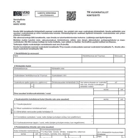 Document preview: Vuokratulojen ilmoittaminen Suomessa: 7K lomake (3012) — Verot & verotus (CERFA n°Vero 3012)