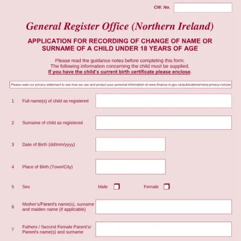 Document preview: How to Legally Change a Child's Name in Northern Ireland — Civil status & identity (GRO 230)