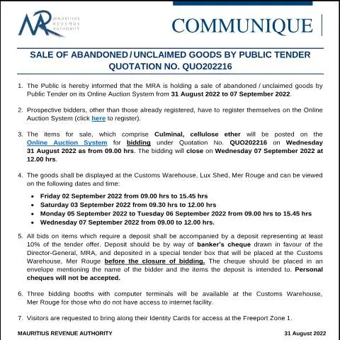 Document preview: Explore Unique Opportunities in Unclaimed Goods Sale — Government & admin (CommuniqueQuo202216)