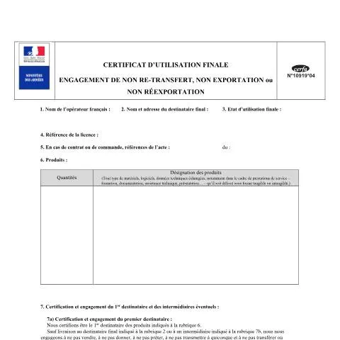 Aperçu du document Formulaire 10919*04 : engagement de non re-transfert à l'export — Démarches administratives (CERFA n°10919*04)