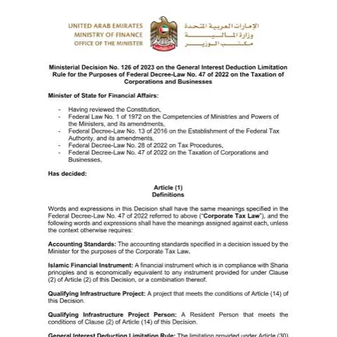 Document preview: UAE Ministerial Decision No 126 of 2023 on Interest Deduction Limits — Taxes (CERFA n°Ministerial Decision No (126) of 2023)
