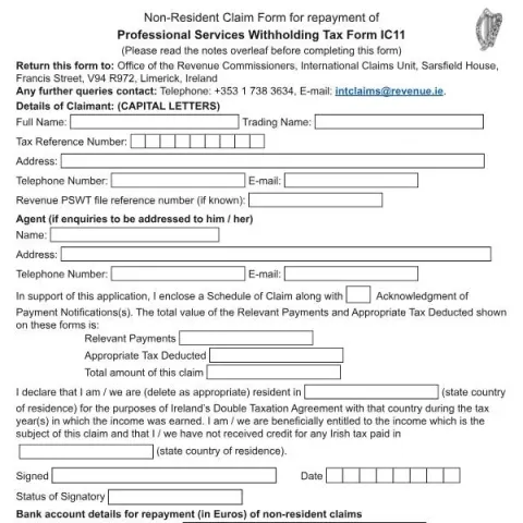 Document preview: Non-Resident Claim Form IC11 for Tax Repayment — Taxes (Form IC11)