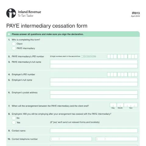 Document preview: Essential Guide to the PAYE Intermediary Cessation Form IR913 — Work & employment (CERFA n°IR913)