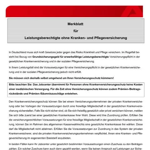 Dokumentvorschau: Wichtige Hinweise für Bürgergeldempfänger ohne Versicherung — Arbeit & Beschäftigung (CERFA n°merkblatt-ohnekvpv_ba025765)