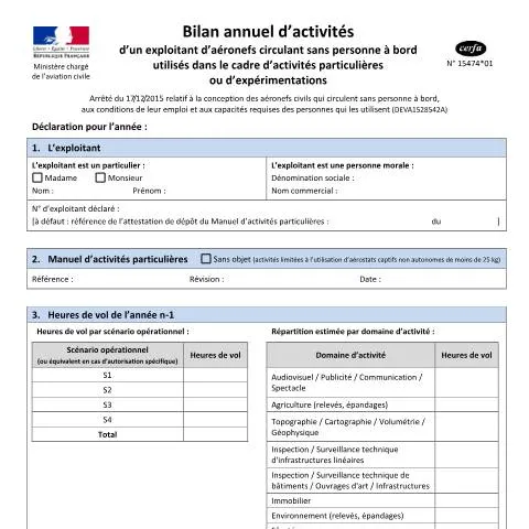 Aperçu du document Formulaire 15474*01 : obligations déclaratives pour drones — Démarches administratives (CERFA n°15474*01)