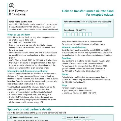Document preview: How to Claim Unused Inheritance Tax Nil Rate Band with Form IHT217 — Taxes