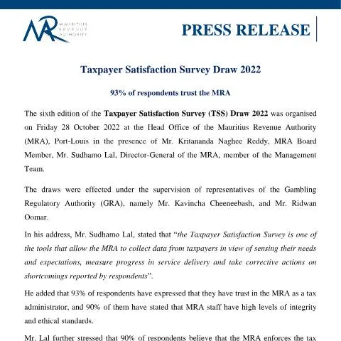 Document preview: 2022 Taxpayer Satisfaction Survey Reveals High Trust in MRA — Government & admin (PressReleaseTSS311022)