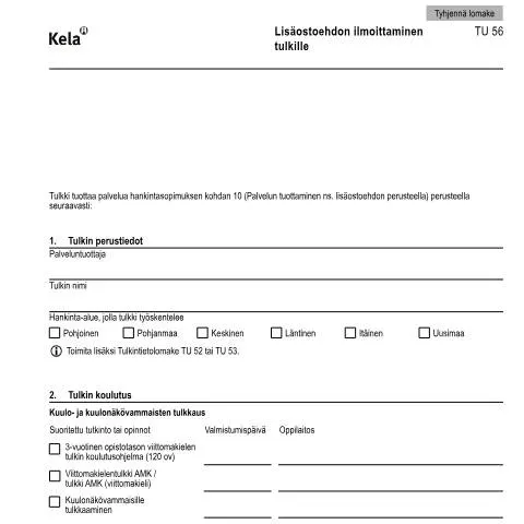 Document preview: Vammaisten tulkkauspalveluiden lisäostoehdon ilmoittaminen — Tuet & sosiaalietuudet (CERFA n°Kela TU 56)