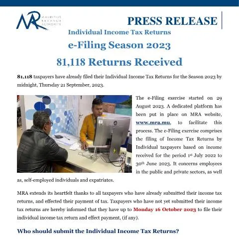Document preview: Insights on 81,118 Returns Received for 2023 Tax Season — Taxes (CERFA n°PressReleaseFiling220923)