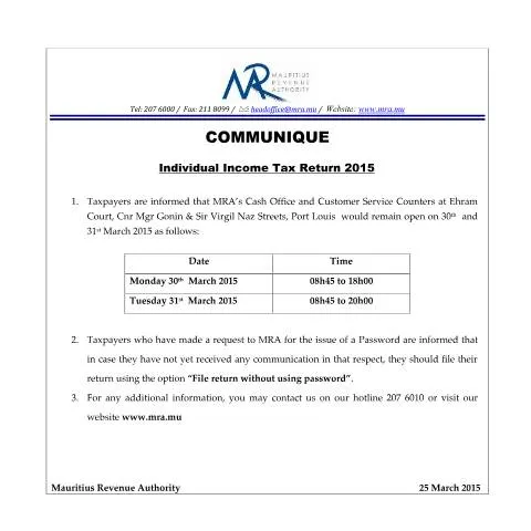 Document preview: Essential MRA Cash Office Hours for Tax Filers — Government & admin (CERFA n°ClosingHours250315)