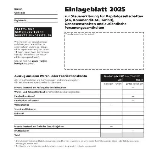 Dokumentvorschau: Formular 5b: Einlageblatt für die Steuererklärung 2025 — Steuern (5b)