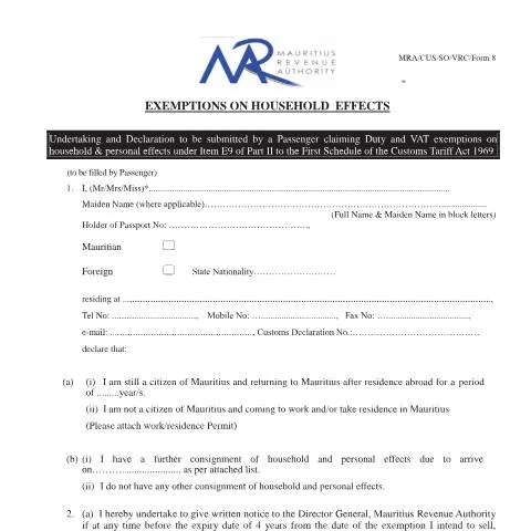 Document preview: Understanding Exemptions on Household Effects in Mauritius — Government & admin (RevisedForm8ExmptonHouseholdEffects)