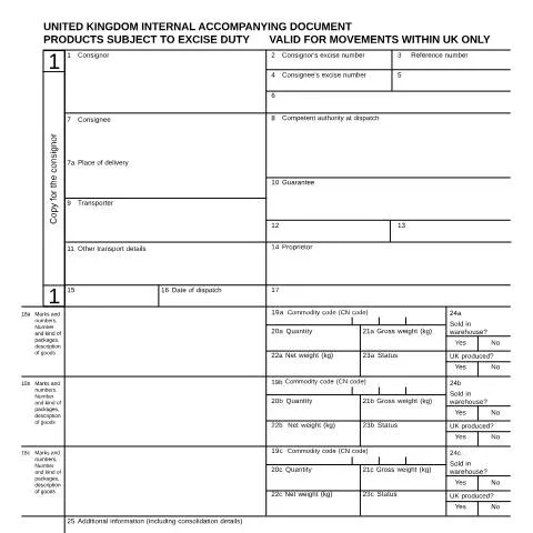 Document preview: UK W8 Form: Internal Movement Documentation for Excise Goods — Taxes