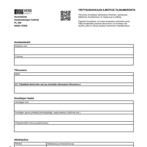 Document preview: Yritysasiakkaan tilinumeroilmoitus (7209) , Tärkeät tiedot — Hallinnolliset asiat (CERFA n°Vero 7209)