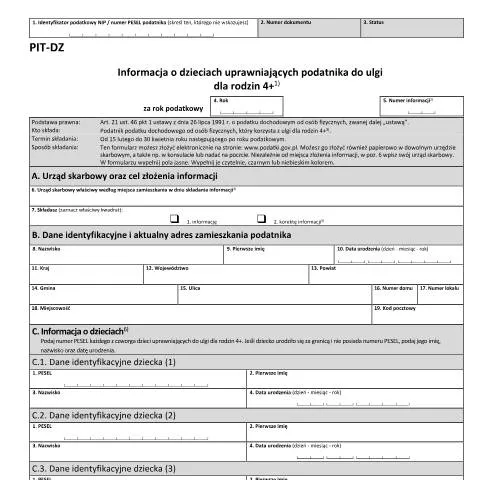 Document preview: Jak wypełnić formularz PIT-DZ dla ulgi 4+? — Podatki i fiskalność (CERFA n°PIT-DZ)