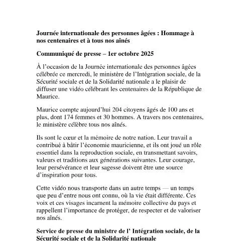 Document preview: Mauritius Celebrates Elderly Day to Honor Senior Citizens — Government & admin (CERFA n°communique-elderly-day)