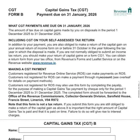 Document preview: Guide to Ireland's Capital Gains Tax Form B — Taxes (FORM B)