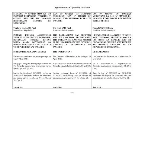 Document preview: Rwanda's 2022 Income Tax Law Updated in 2025 — Taxes (CERFA n°Law_amending_the_2022_Income_Tax_May_2025)