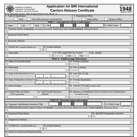 Document preview: Understanding BIR Form No. 1948 for International Shipping — Taxes (CERFA n°1948)