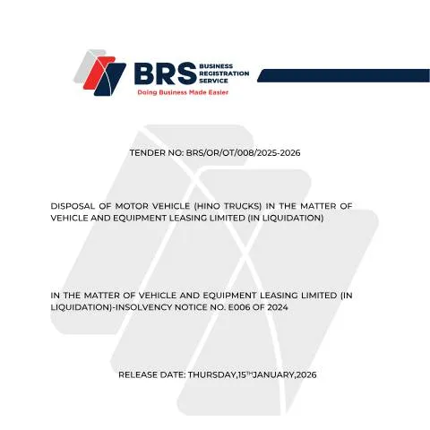 Document preview: Invitation to Tender: Hino Trucks Disposal in Liquidation — Vehicle & driving (CERFA n°TENDER-DOCUMENT-VEHICLE-AND-EQUIPMENT-LEASING-LIMITEDIN-LIQUIDATION-INSOLVENCY-NOTICE-NO.E006-OF-2024-)
