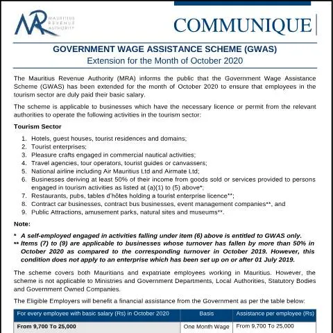 Document preview: Mauritius Extends Wage Support Scheme for Tourism Sector in October — Work & employment (CERFA n°CommuniqueGWAS231020)