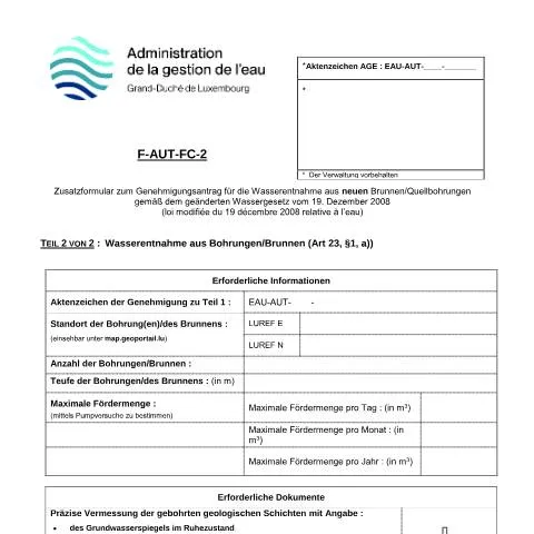 Aperçu du document Comprendre la demande d'extraction d'eau au Luxembourg — Démarches administratives (CERFA n°20-F-AUT-FC-2)
