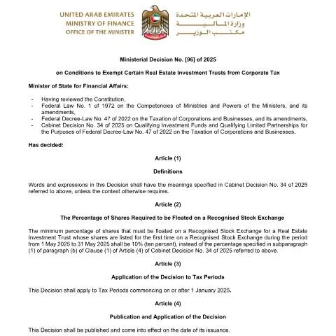 Document preview: Understanding UAE's 2025 REIT Tax Exemption Rules — Taxes (CERFA n°Ministerial Decision No. 96 of 2025)