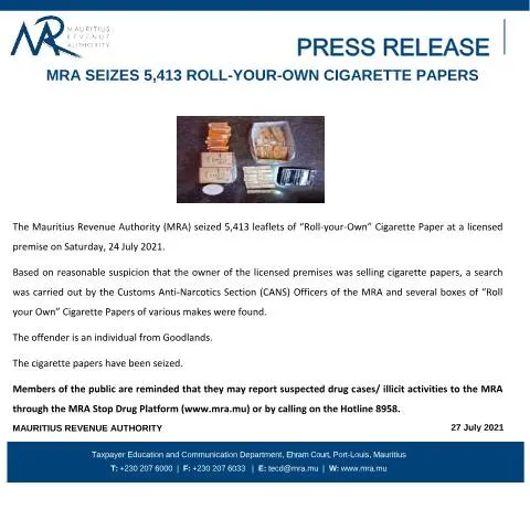 Document preview: Official Notice: Seizure of 5,413 Roll-Your-Own Cigarette Papers by — Government & admin (CERFA n°CommuniqueCigarette270721)