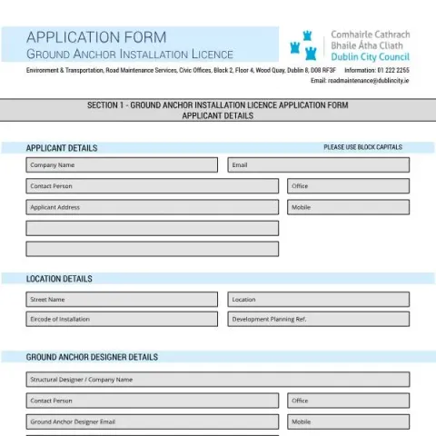 Document preview: Application for Ground Anchor Installation Licence — Planning & building works