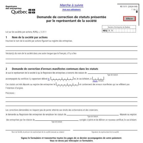 Document preview: Official Form for Correcting Corporate Statutes in Quebec (French) — Government & admin (RE-511)