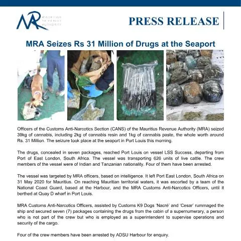 Document preview: Mauritius Revenue Authority's Major Drug Seizure at Seaport — Government & admin (PressRelease130620)