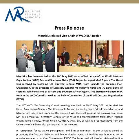 Document preview: Mauritius' Milestone: Vice-Chair of WCO for ESA Region — Government & admin (PressReleaseWCO2011)