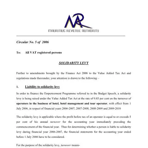 Document preview: Understanding the Solidarity Levy in Mauritius — Taxes (CERFA n°vatcir5)
