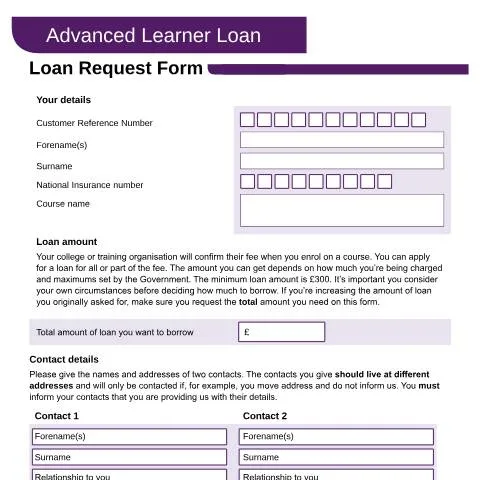 Document preview: How to Apply for Advanced Learner Loans: Complete Request Form Guide — Government & admin