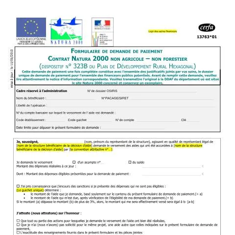 Aperçu du document Comment obtenir le paiement de votre contrat Natura 2000 non agricole — Démarches administratives (CERFA n°13763*01)