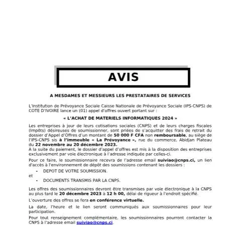 Aperçu du document Opportunité d'Appel d'Offres pour Matériels Informatiques 2024 — Démarches administratives