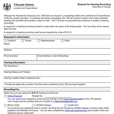 Document preview: Understanding the Request for Hearing Recording Form in Ontario — Housing