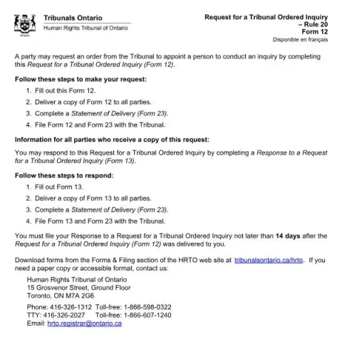 Document preview: How to Request a Tribunal Ordered Inquiry in Ontario (English / French) — Legal & justice (Form 12)