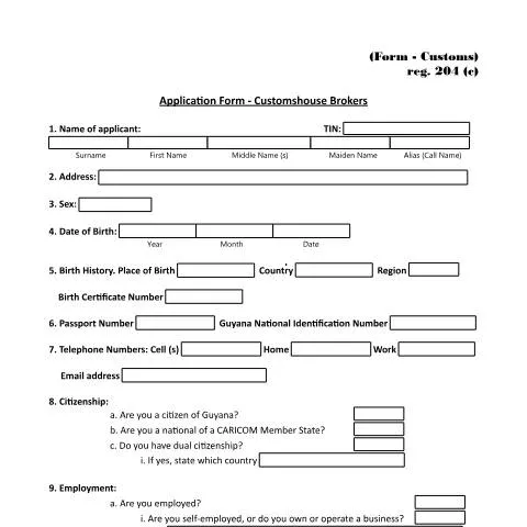 Document preview: Application Form for Customs House Brokers in Guyana — Customs & trade