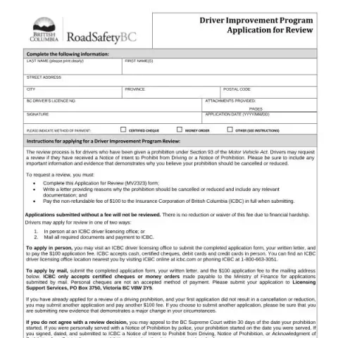 Document preview: Guide to the Driver Improvement Program Application for Review — Vehicle & driving (MV2323)