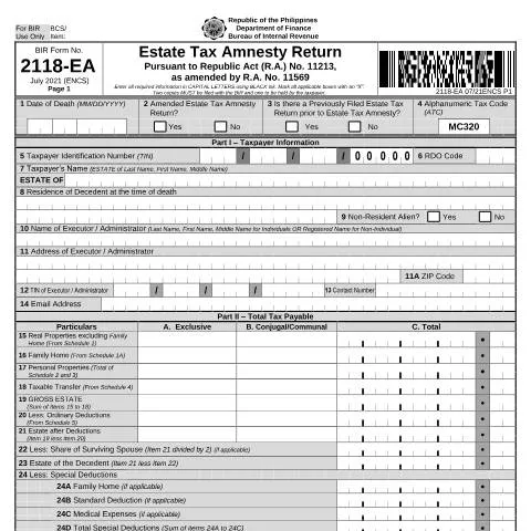 Document preview: Understanding the Philippines Estate Tax Amnesty Return Form 2118-EA — Taxes (CERFA n°2118-EA)