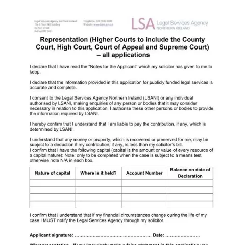 Document preview: Understanding the Applicant Declaration for Legal Representation — Legal & justice (LSANI Applicant Declaration Representation Higher Courts v1.0 November 2023)