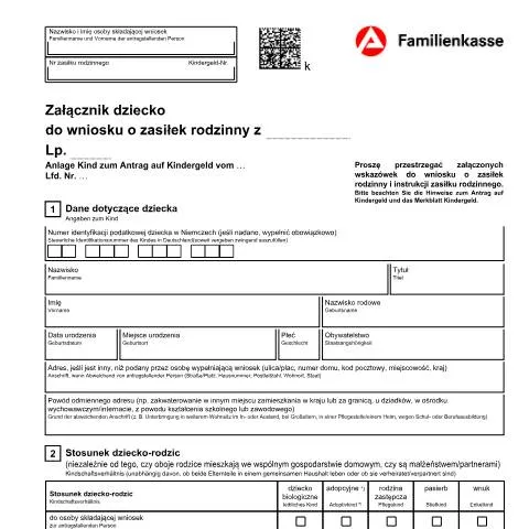 Dokumentvorschau: Załącznik dziecko: Wichtige Informationen zum Kindergeldantrag — Familie (CERFA n°kg1-pl-anlagekind_ba033815)
